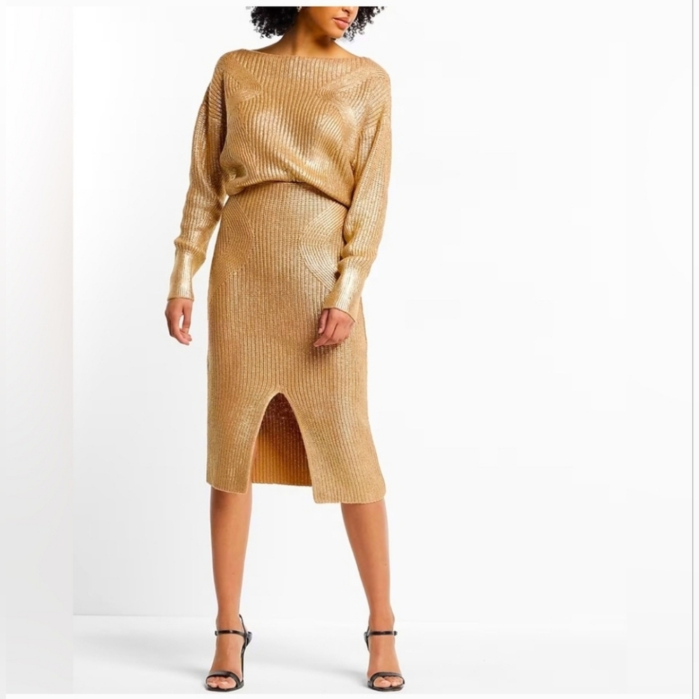 EXPRESS High Waisted Metallic Foil Ribbed Front Slit Midi‎ Sweater Skirt L